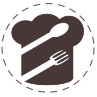 logo, chef's hat, knife and fork