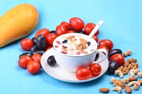 White dessert with the colorful and beautiful fruits and nuts