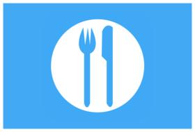 blue and white icon, fork and knife on plate