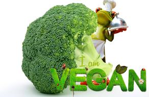 Cute frog cook and broccoli near the beautiful and colorful "VEGAN" sign, clipart