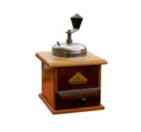 Close-up of the brown, retro coffee grinder, at white background, clipart