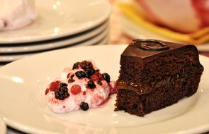 Beautiful, brown Sacher with the cream with colorful berries in Vienna, Austria