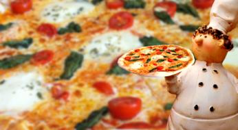 ceramic figurine of a chef on a pizza background