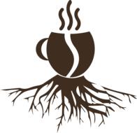 Brown silhouette of the coffee cup in shape of coffee bean, with roots, at white background, clipart