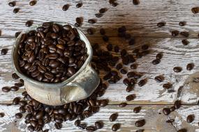 vintage Coffee Mug filled with roasted coffee beans