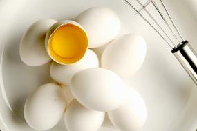 whisk in a plate with eggs in the kitchen