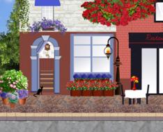 bistro awning staircase flowers