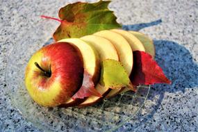 cut ripe Apple and colorful autumn foliage