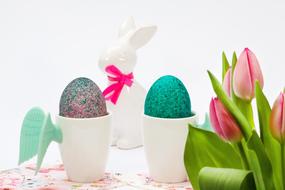 Easter decor and a bouquet of tulips