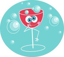 Glass with red alcohol liquid, with smiling face, at aqua background with bubbles, clipart