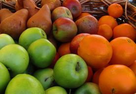 green apples, oranges and pears