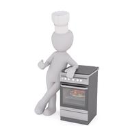 white figure in a chef's cap and stove