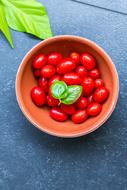 Close-up of the beautiful, red tomatoes and green basil in the bowl, near the green leaves