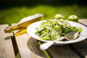 oil and salad Leaves on Plate