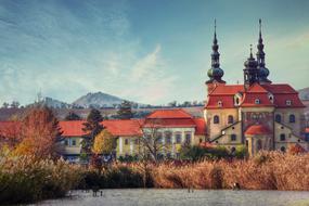 Pond and historic architecture