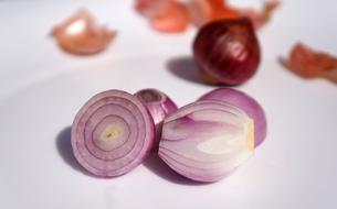 Close-up of the cut, purple onion, near the shell