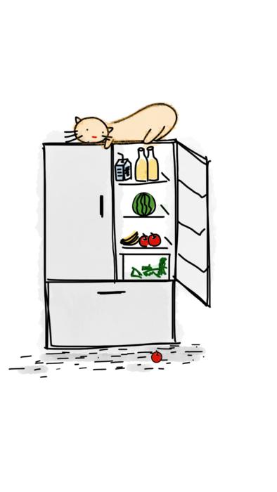 cartoon cat at top of refrigerator