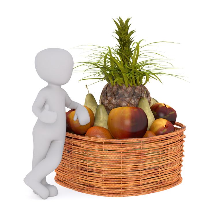 drawn white man and fruit basket