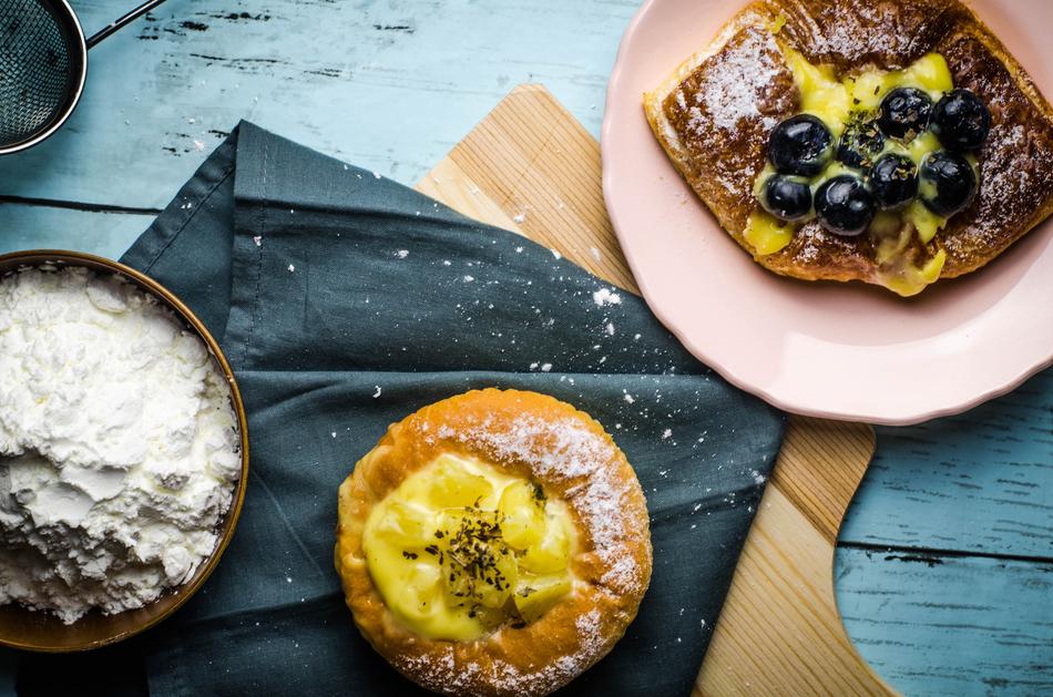 Bakery and flour on wooden table