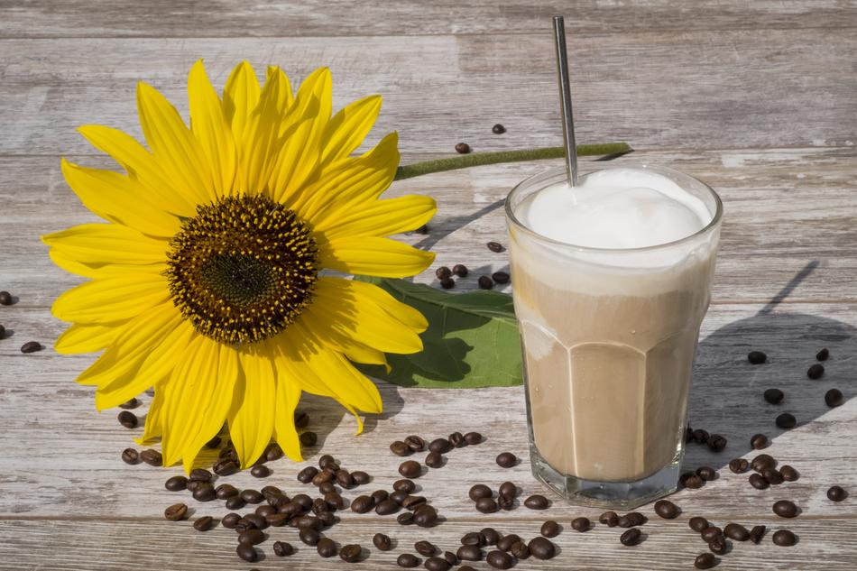 Iced Coffee and yellow flower and coffee beans