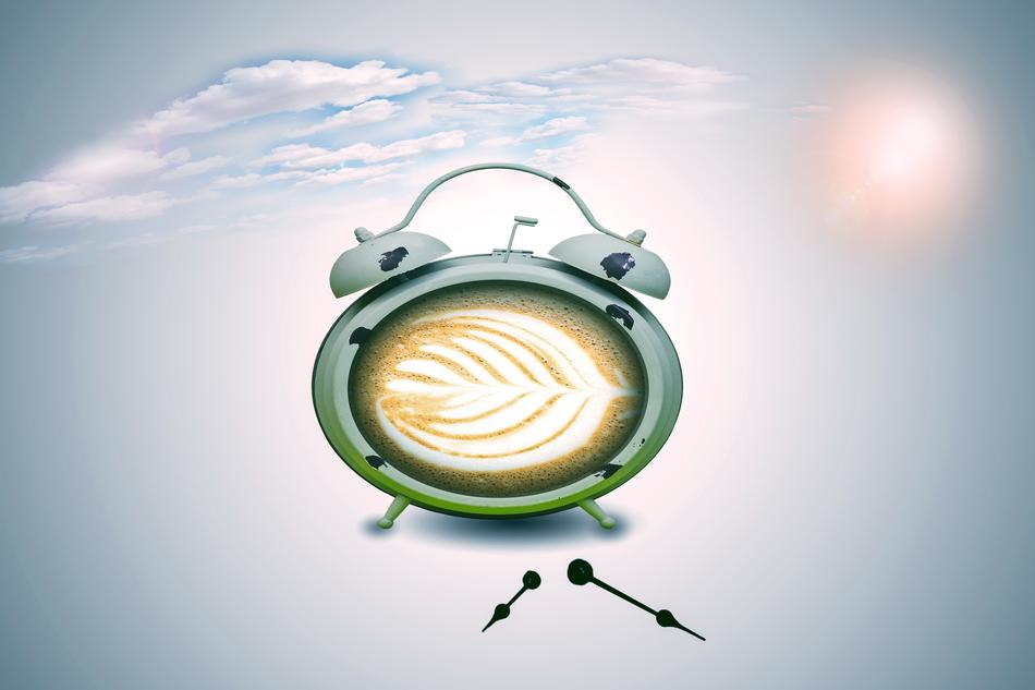 photomontage of alarm clock and coffee drink