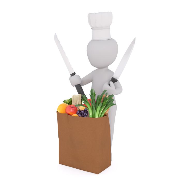 3D image of a chef near a bag with groceries