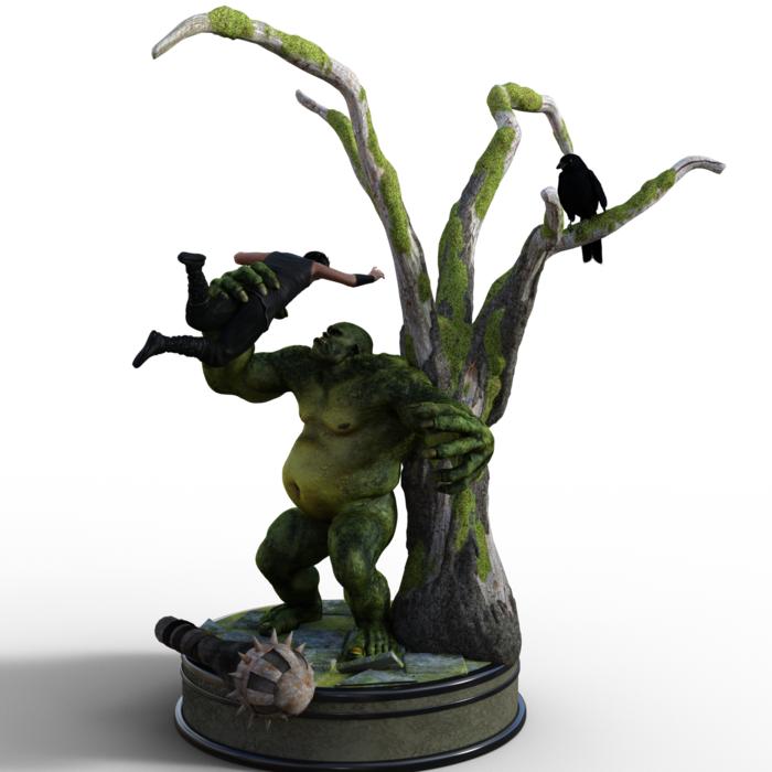 the fight of mythical creatures near the tree