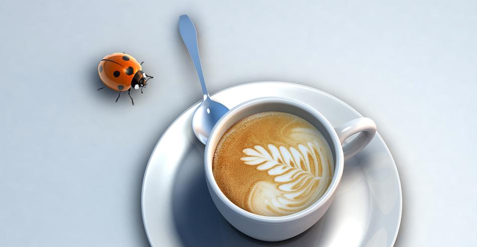 Cup of coffee with beautiful drawing and ladybug, clipart