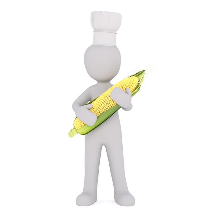 abstract cook with big corn on cob in hands, 3d render