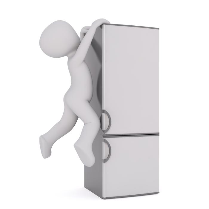 3d, white figure climbing on the refrigerator, at white background, clipart