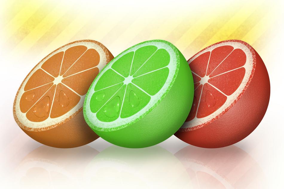 Colorful and beautiful, cut citrus fruits, with reflections, at background with light, clipart
