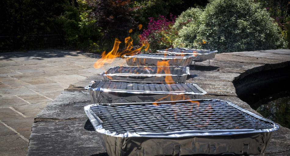 BBQ in shiny packages, in fire, near the plants