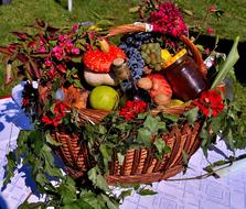 wine, jam and fruit basket