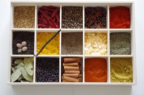 Close-up of the box of the colorful sorted spices