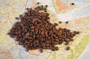 Coffee beans on Map of Ethiopia