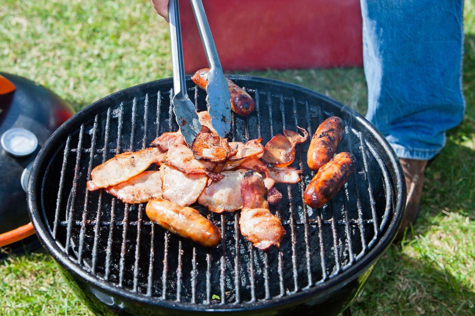 grilled bacon and sausages on a picnic