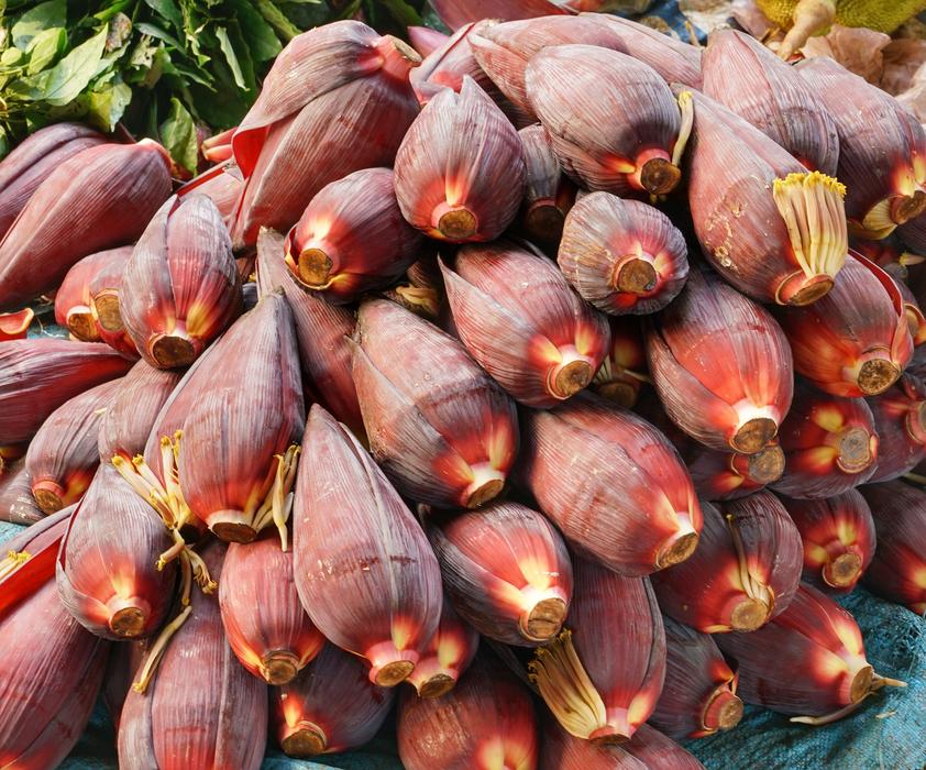 edible purple banana flowers in the marketr