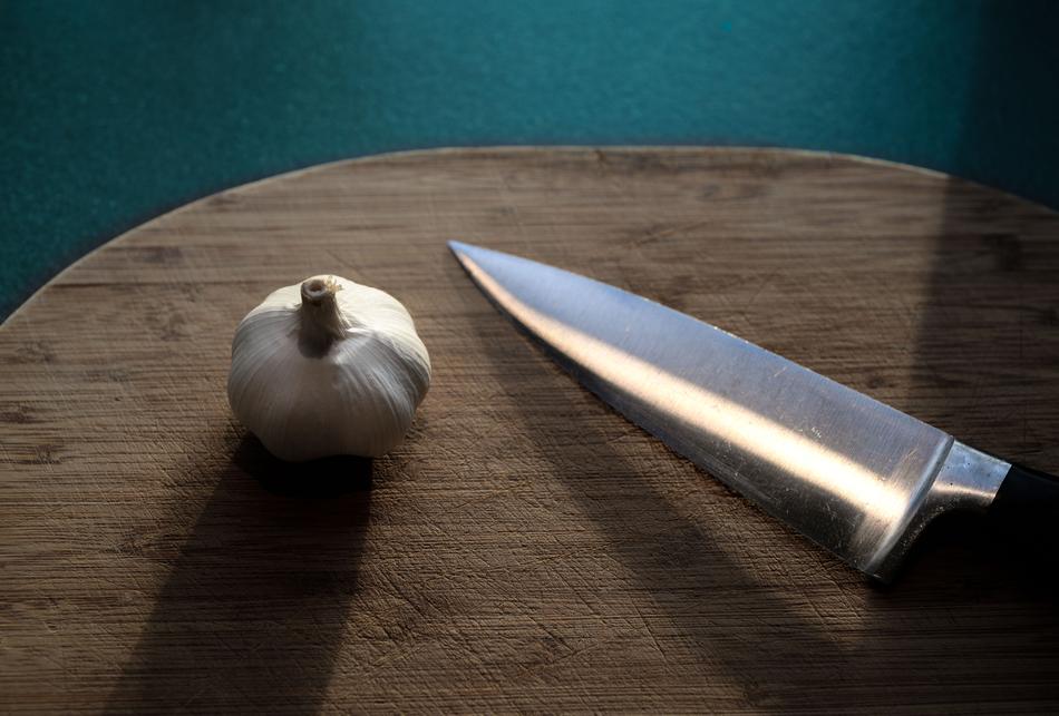 Garlic and Knife at Kitchen