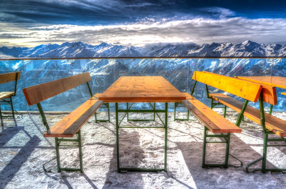 Chairs and tables on winter mountains