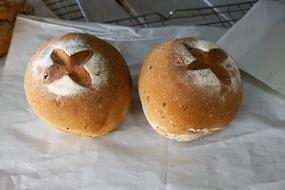 two homemade round buns on paper