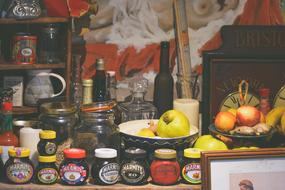 rustic Food, fruits, vintage Bottles and Jars