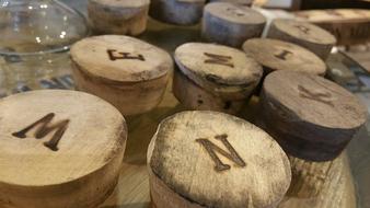 vintage wooden Bung Plugs with Letters