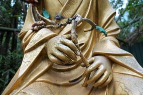 Gold Buddha Statue at background with green leaves