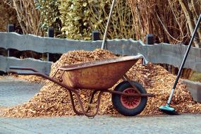 mulch in a garden wheelbarrow