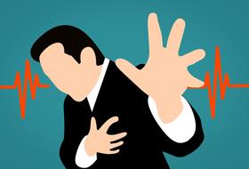 heart attack, man with hand on heart and red pulse, drawing