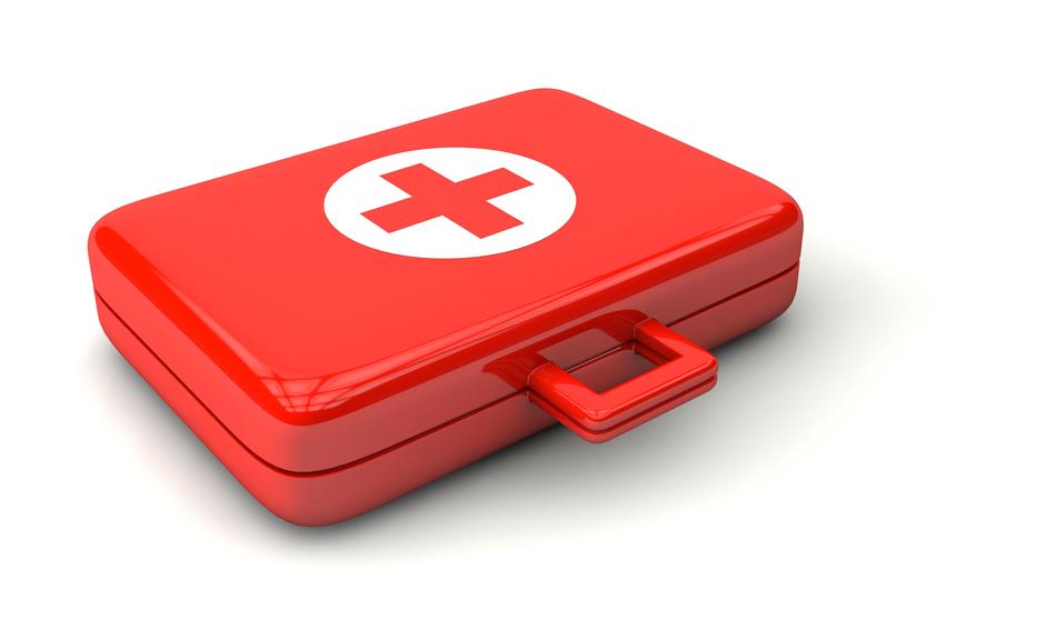 red and white doctor luggage with cross, 3d render