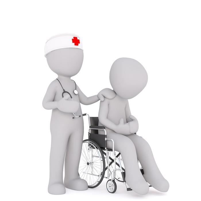 drawn figure of a nurse and a figure in a wheelchair