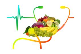 Health of Heart, stethoscope and fruits, collage