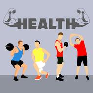 health, banner, four men doing exercises, drawing