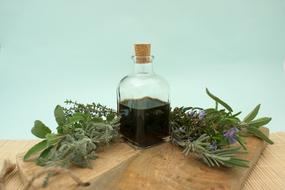 Bottle and medical plants, Aromatherapy